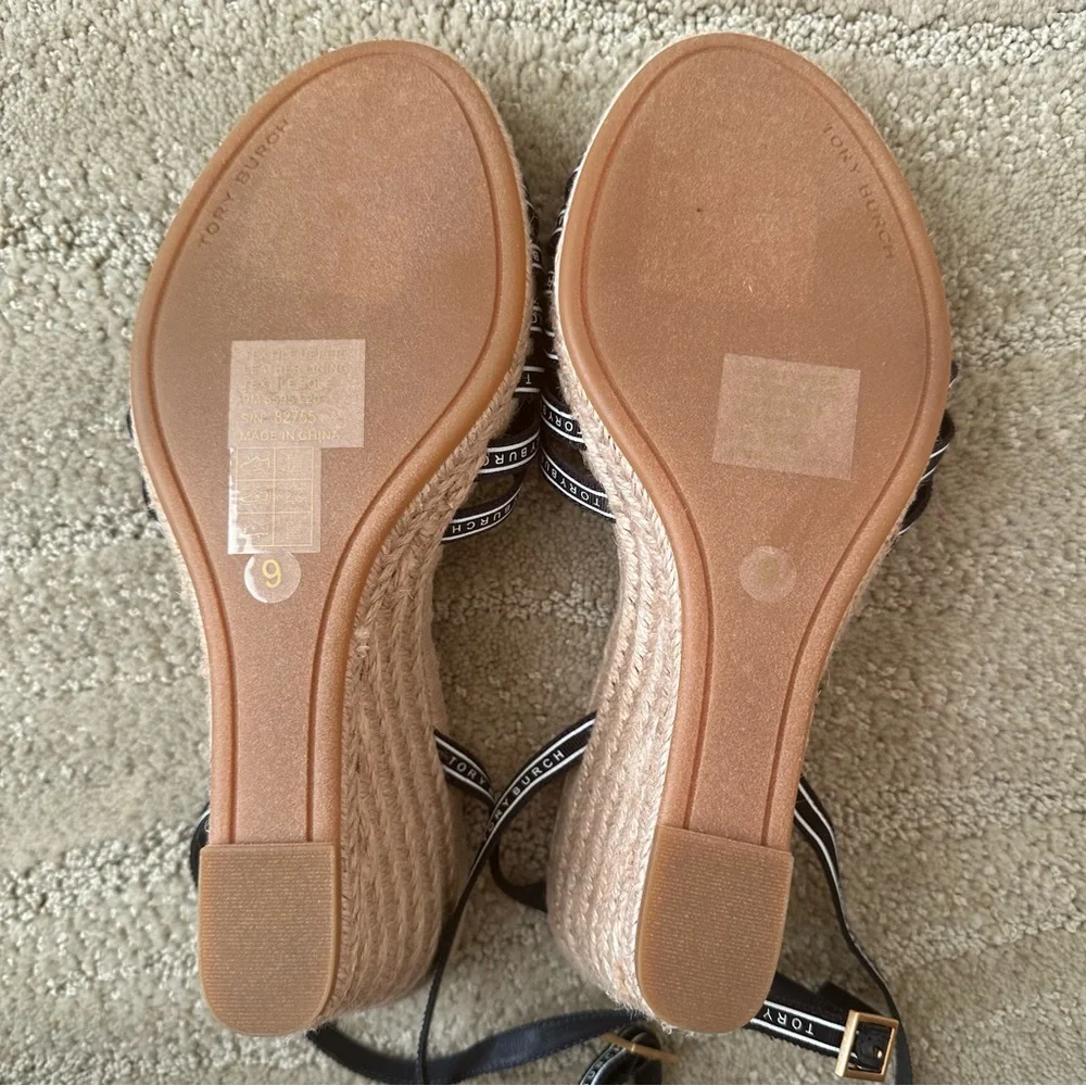 NEW Tory Burch Ribbon Strappy Wedge Espadrille Platform Sandals Navy Cream Tan 9